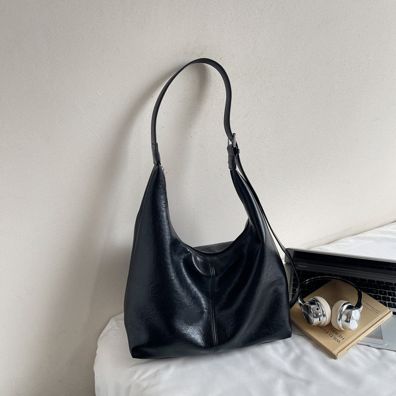Premium Leather Slouchy Handbag with Adjustable Shoulder Strap, Brown, view 2