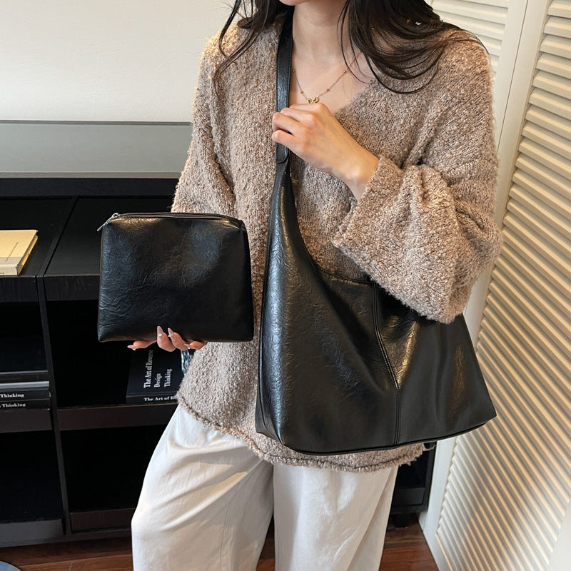 Premium Leather Slouchy Handbag with Adjustable Shoulder Strap, Brown, view 3