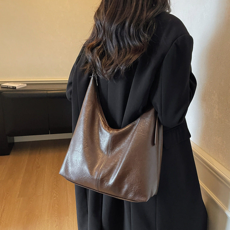 Premium Leather Slouchy Handbag with Adjustable Shoulder Strap, Brown, view 4