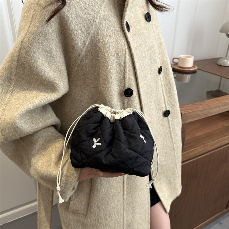 Quilted Drawstring Pouch with Bow Detail for Makeup and Everyday Essentials, view 3