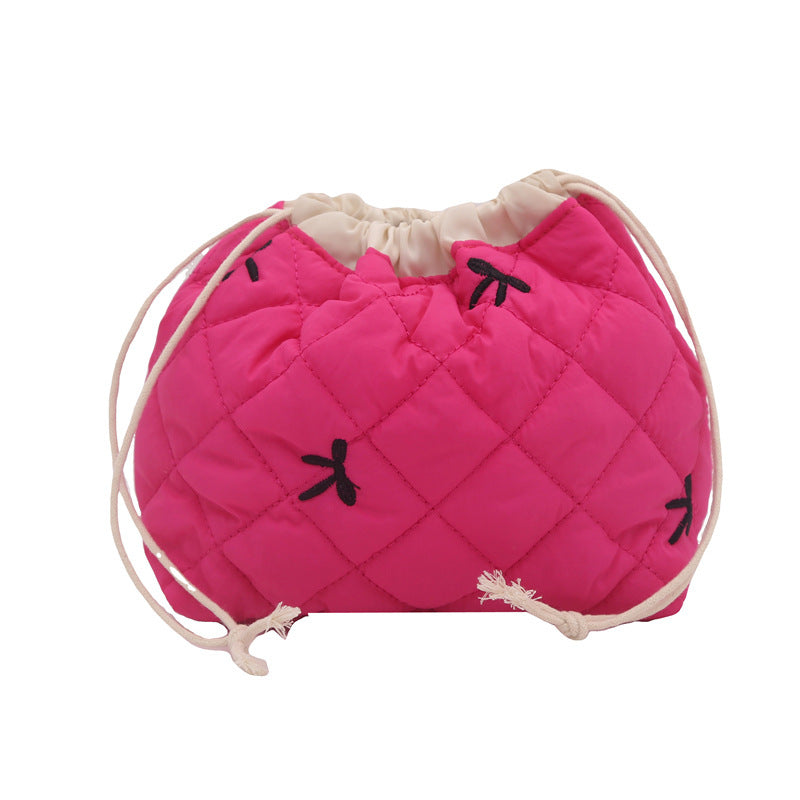 Quilted Drawstring Pouch with Bow Detail for Makeup and Everyday Essentials, view 5