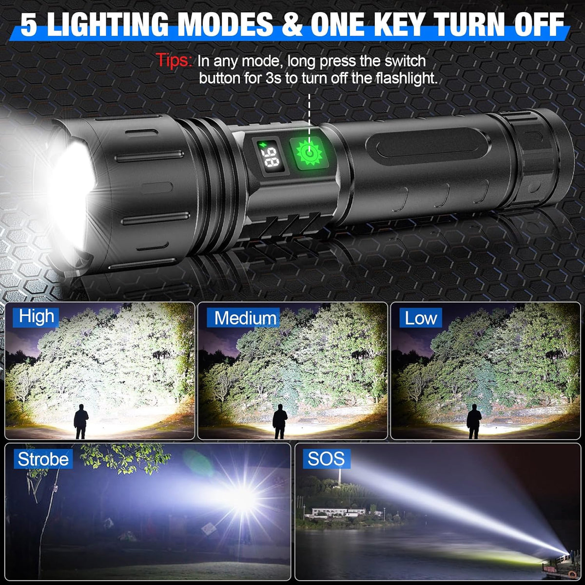 Rechargeable LED Torch with USB-C, LCD Display and Adjustable Focus, view 3
