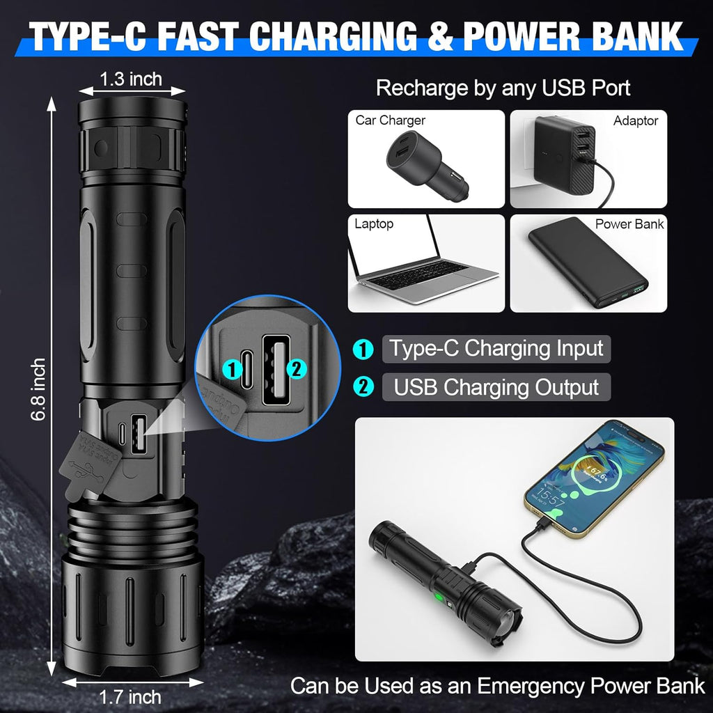Rechargeable LED Torch with USB-C, LCD Display and Adjustable Focus, view 6