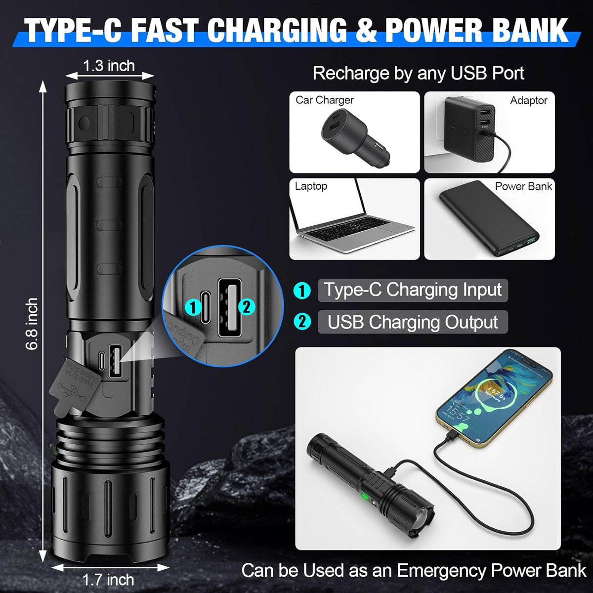 Rechargeable LED Torch with USB-C, LCD Display and Adjustable Focus, view 6
