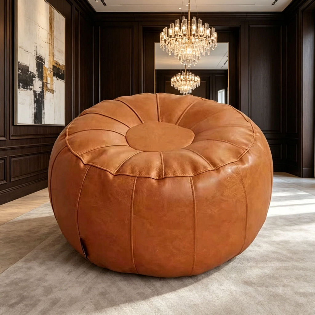 Round Leather Stool with Decorative Seams, Padded, Size 37, view 2