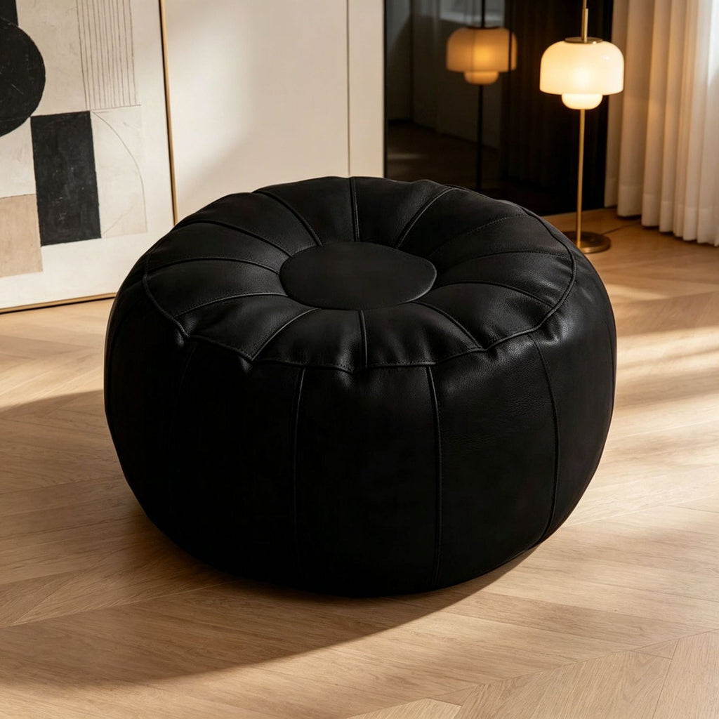 Round Leather Stool with Decorative Seams, Padded, Size 37, view 3