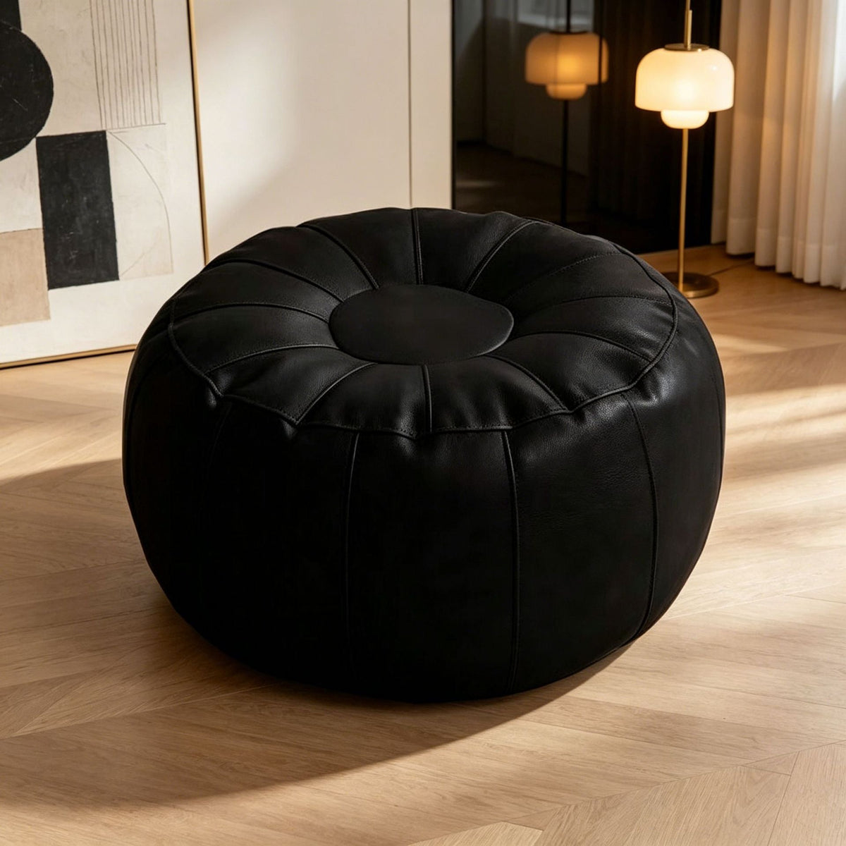 Round Leather Stool with Decorative Seams, Padded, Size 37, view 3