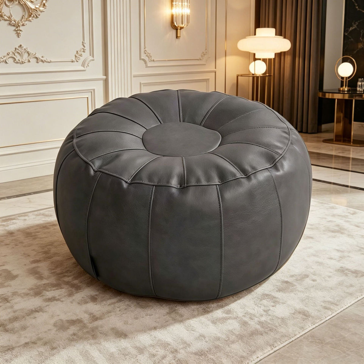 Round Leather Stool with Decorative Seams, Padded, Size 37, view 4