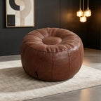 Round Leather Stool with Decorative Seams, Padded, Size 37, view 5