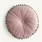 Round Vintage Quilted Ottoman Cushion Pad with Pom-Pom Fringe, view 10