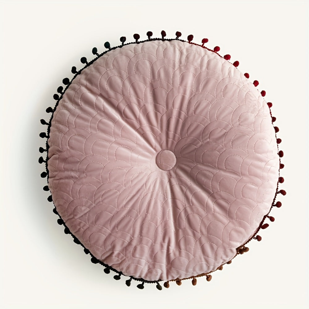 Round Vintage Quilted Ottoman Cushion Pad with Pom-Pom Fringe, view 10