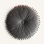 Round Vintage Quilted Ottoman Cushion Pad with Pom-Pom Fringe, view 11