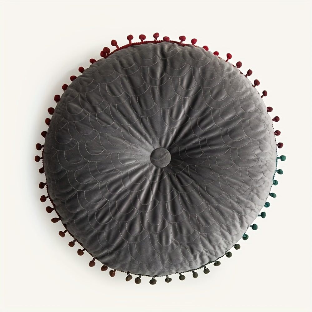 Round Vintage Quilted Ottoman Cushion Pad with Pom-Pom Fringe, view 11