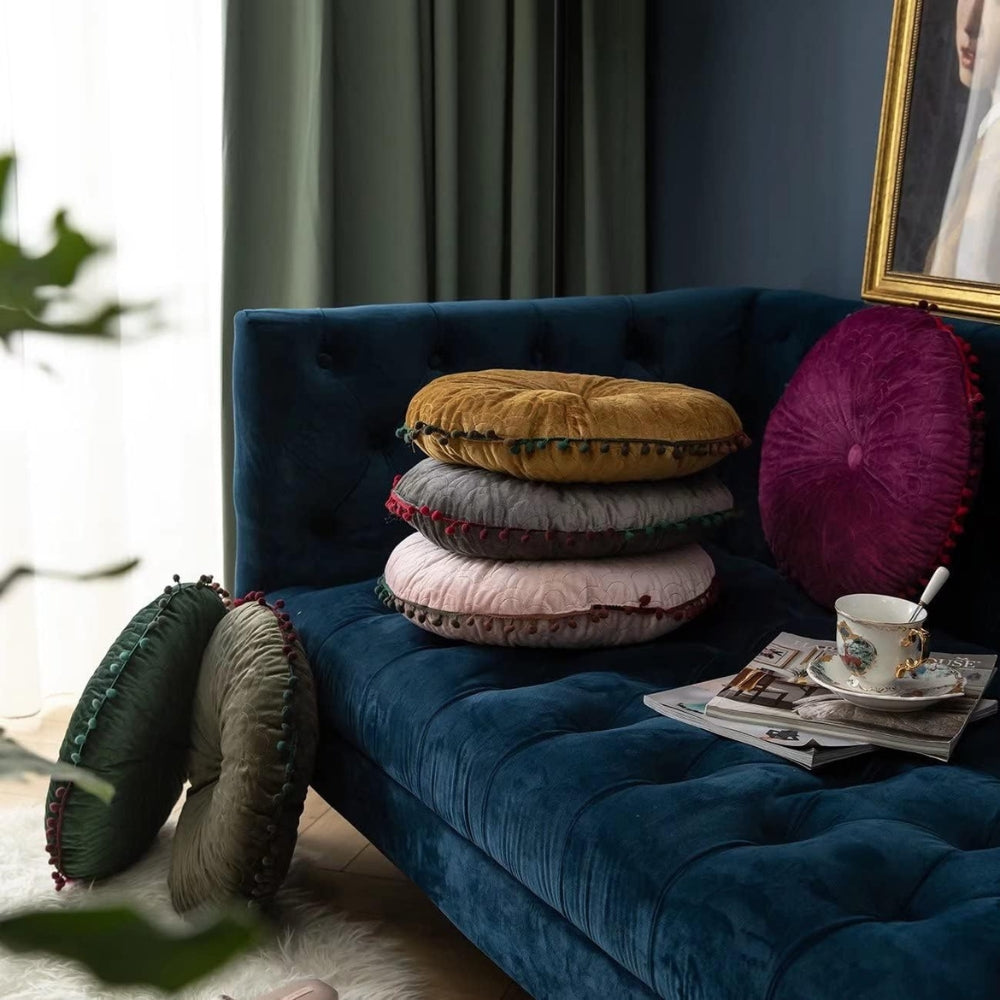 Round Vintage Quilted Ottoman Cushion Pad with Pom-Pom Fringe, view 2