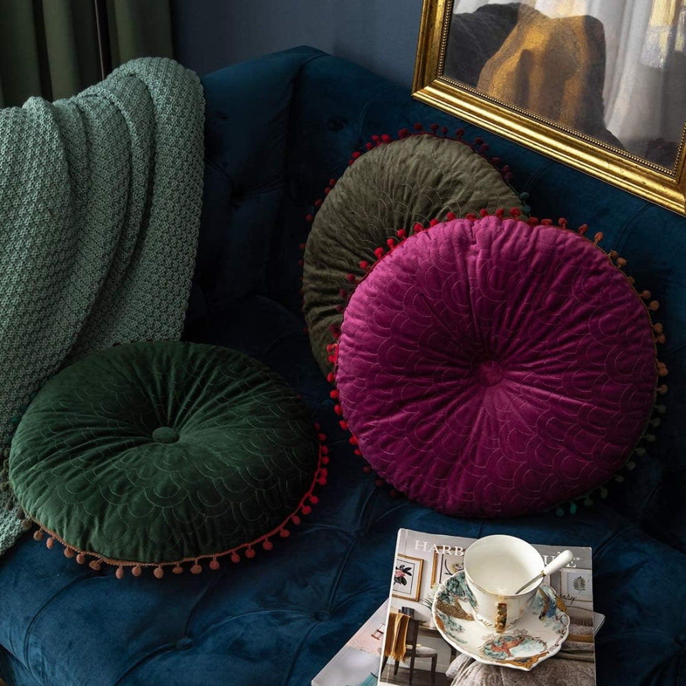 Round Vintage Quilted Ottoman Cushion Pad with Pom-Pom Fringe, view 3