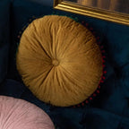 Round Vintage Quilted Ottoman Cushion Pad with Pom-Pom Fringe, view 4