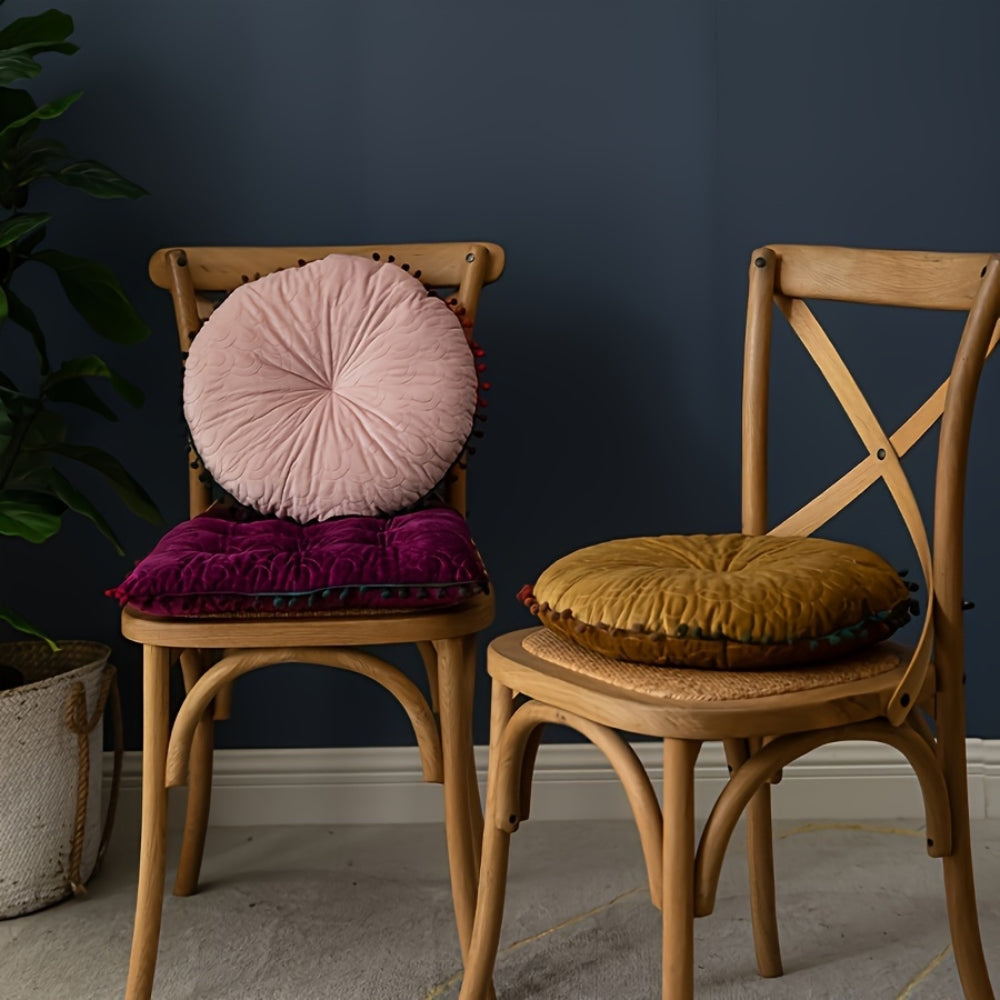 Round Vintage Quilted Ottoman Cushion Pad with Pom-Pom Fringe, view 5