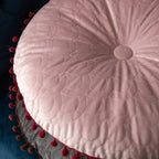 Round Vintage Quilted Ottoman Cushion Pad with Pom-Pom Fringe, view 6