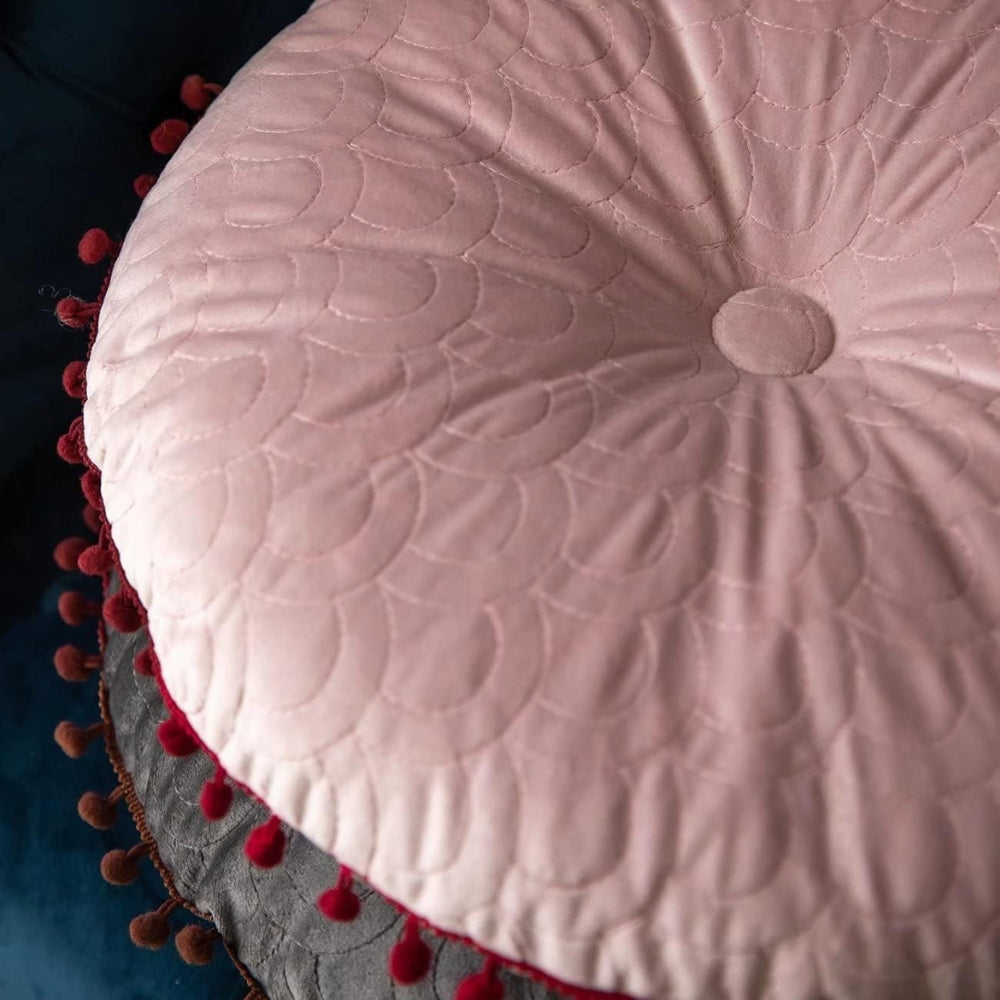 Round Vintage Quilted Ottoman Cushion Pad with Pom-Pom Fringe, view 6
