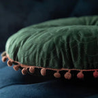 Round Vintage Quilted Ottoman Cushion Pad with Pom-Pom Fringe, view 7