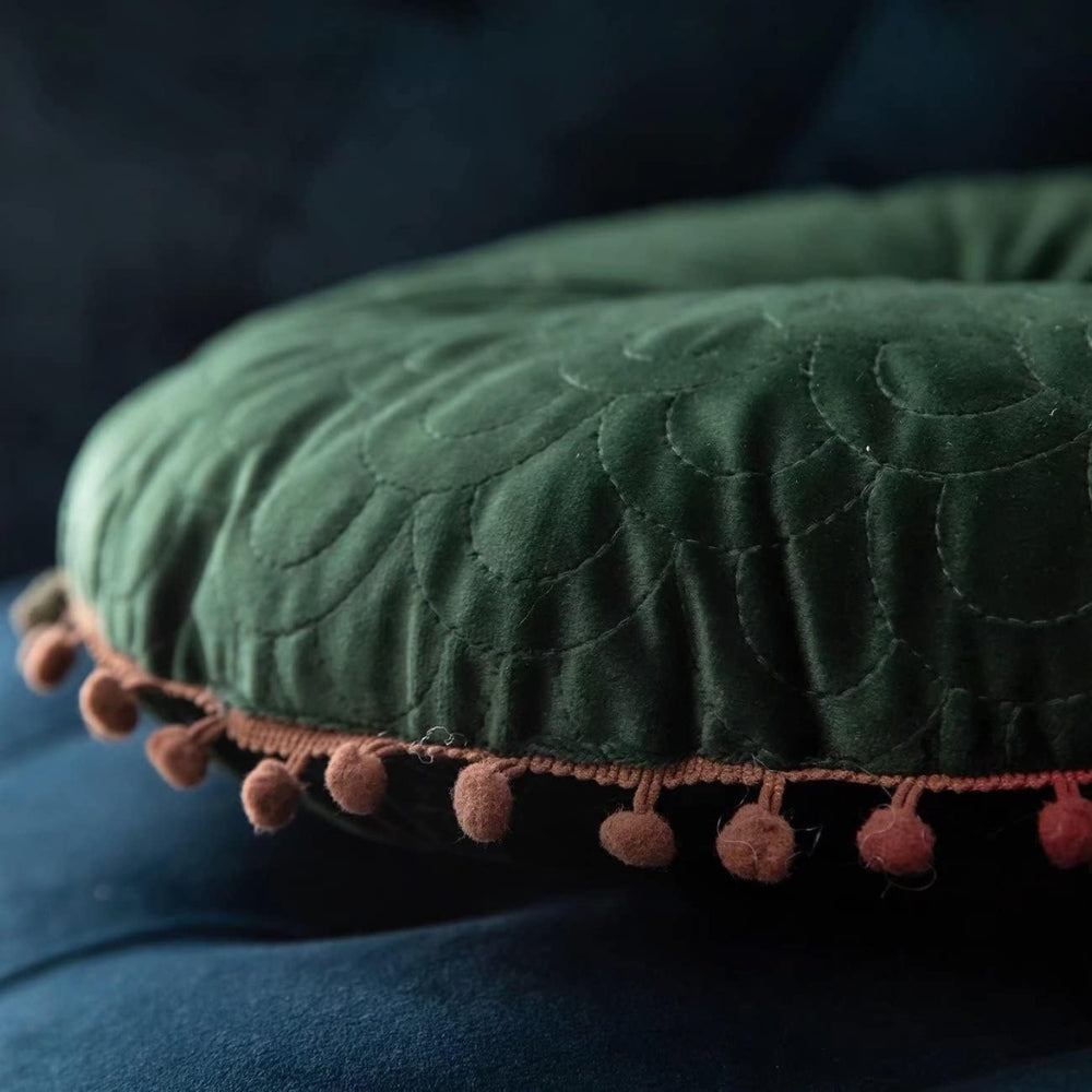 Round Vintage Quilted Ottoman Cushion Pad with Pom-Pom Fringe, view 7
