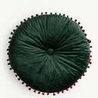 Round Vintage Quilted Ottoman Cushion Pad with Pom-Pom Fringe, view 8