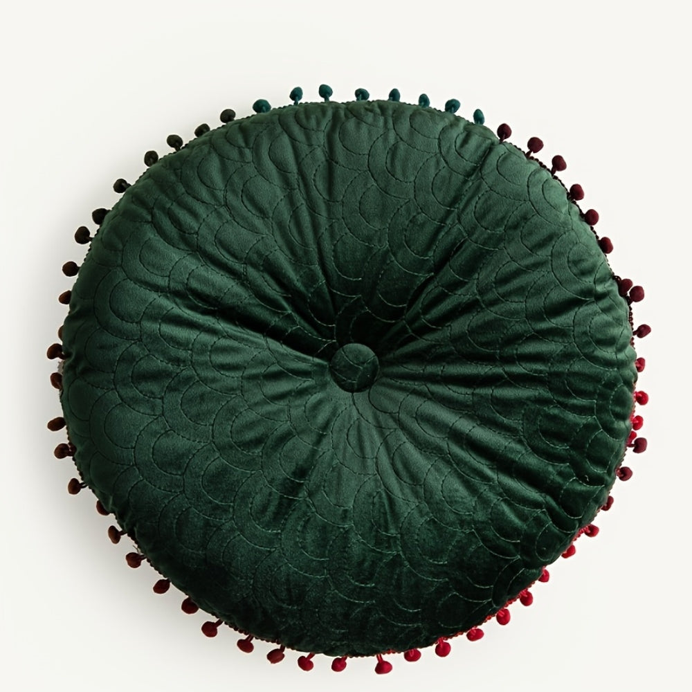 Round Vintage Quilted Ottoman Cushion Pad with Pom-Pom Fringe, view 8