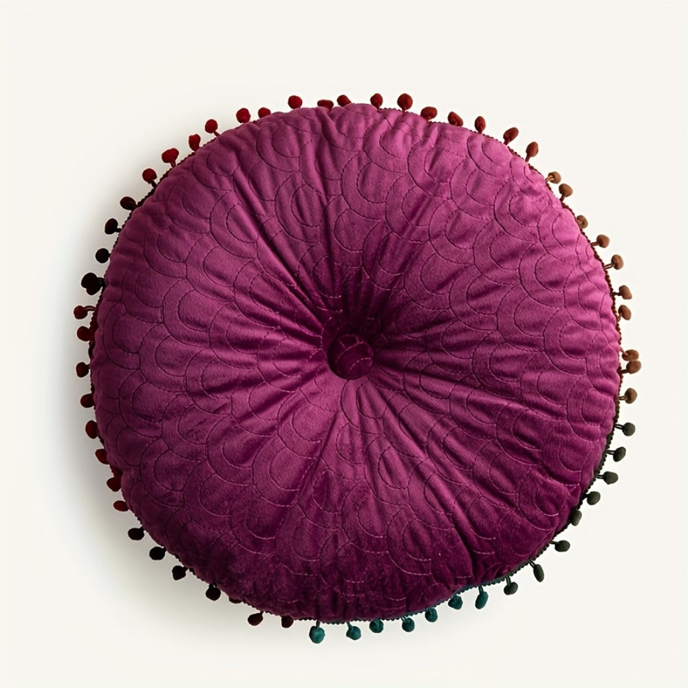Round Vintage Quilted Ottoman Cushion Pad with Pom-Pom Fringe, view 9