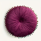 Round Vintage Quilted Ottoman Cushion Pad with Pom-Pom Fringe, view 9