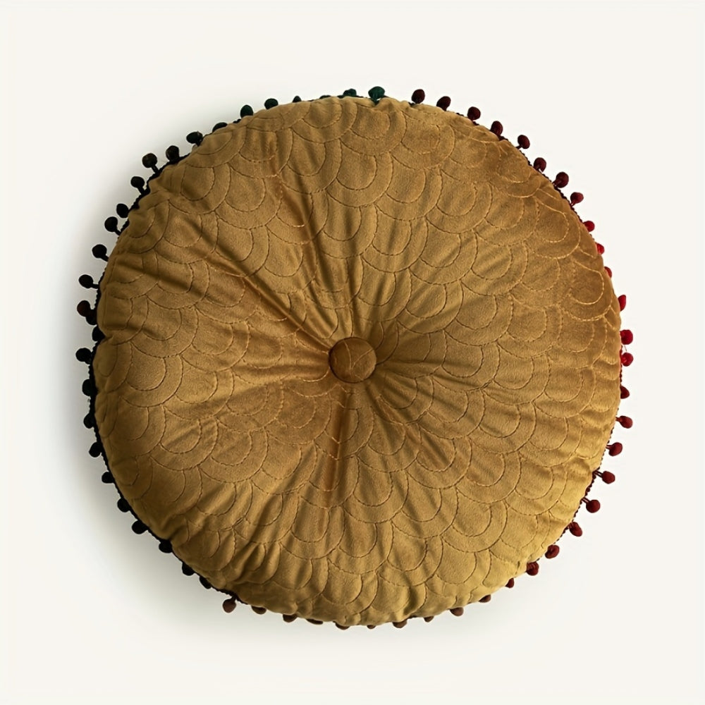 Round Vintage Quilted Ottoman Cushion Pad with Pom-Pom Fringe