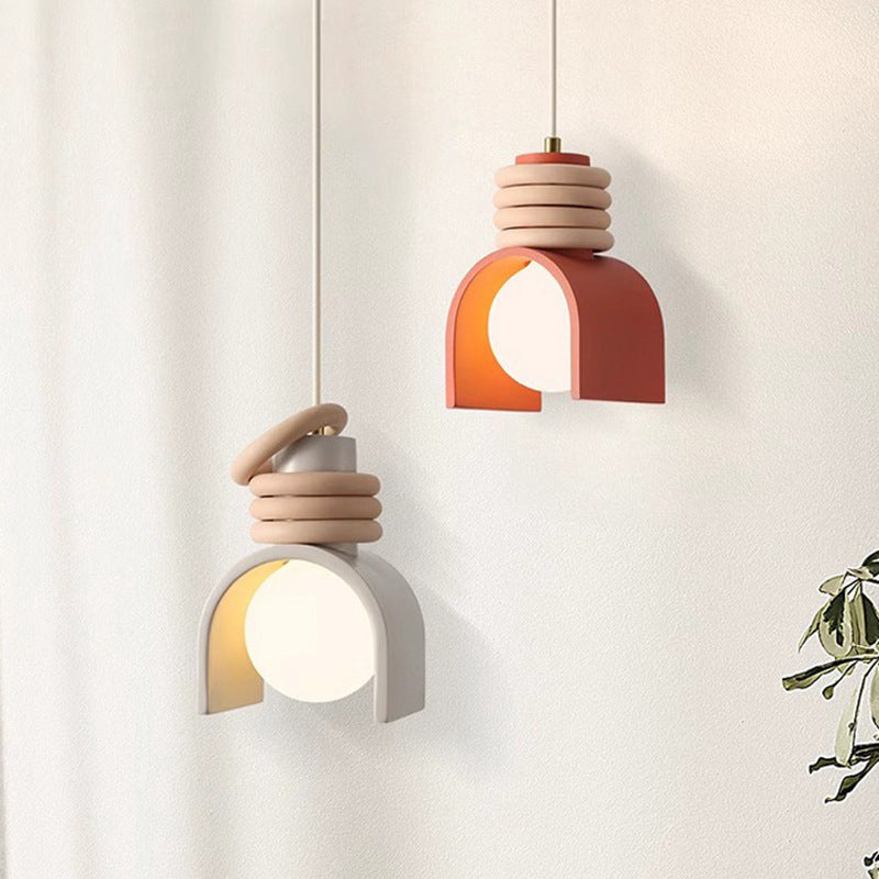 Scandinavian Arch-Shade Pendant Lamp with Wood Ring Accents and Frosted Globe | High & Bury