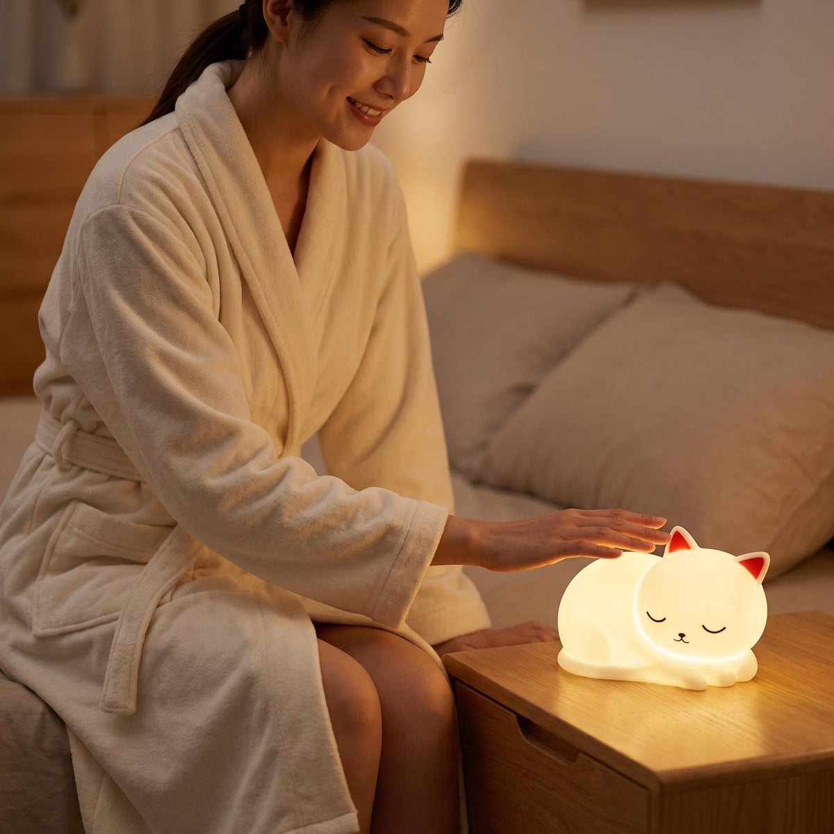 Silicone Sleeping Cat LED Night Light with Touch Dimming USB Rechargeable | High & Bury