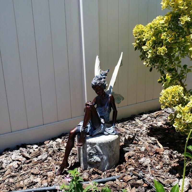 Sitting Fairy Garden Statue in Polyresin with Pair of Wings and Closed Eyes, view 2