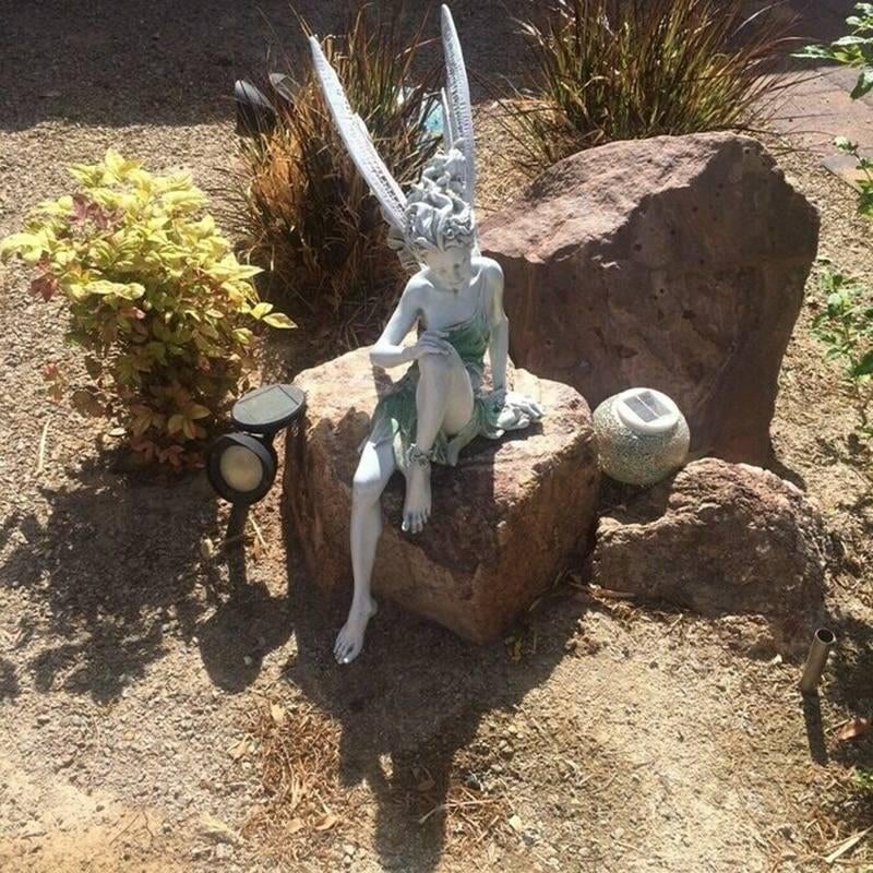 Sitting Fairy Garden Statue in Polyresin with Pair of Wings and Closed Eyes, view 3