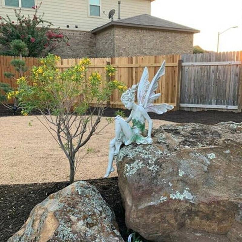 Sitting Fairy Garden Statue in Polyresin with Pair of Wings and Closed Eyes, view 4