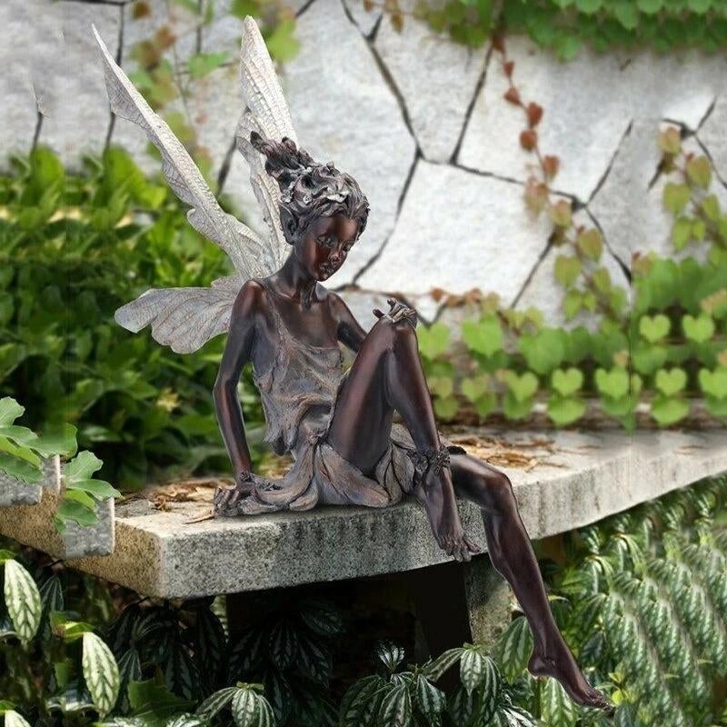 Sitting Fairy Garden Statue in Polyresin with Pair of Wings and Closed Eyes, view 6