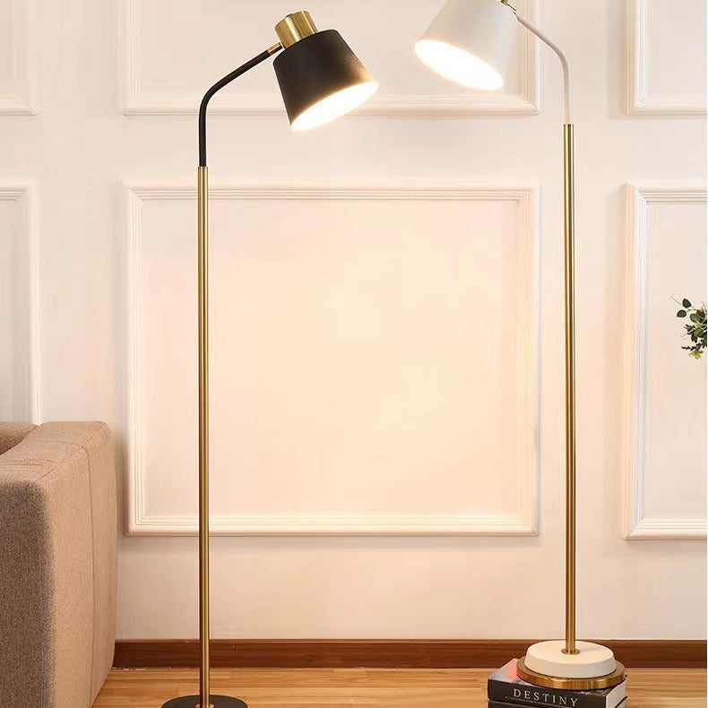 Slim Brass Torchiere Floor Lamp with Tilted Cone Shade and Adjustable Neck | High & Bury