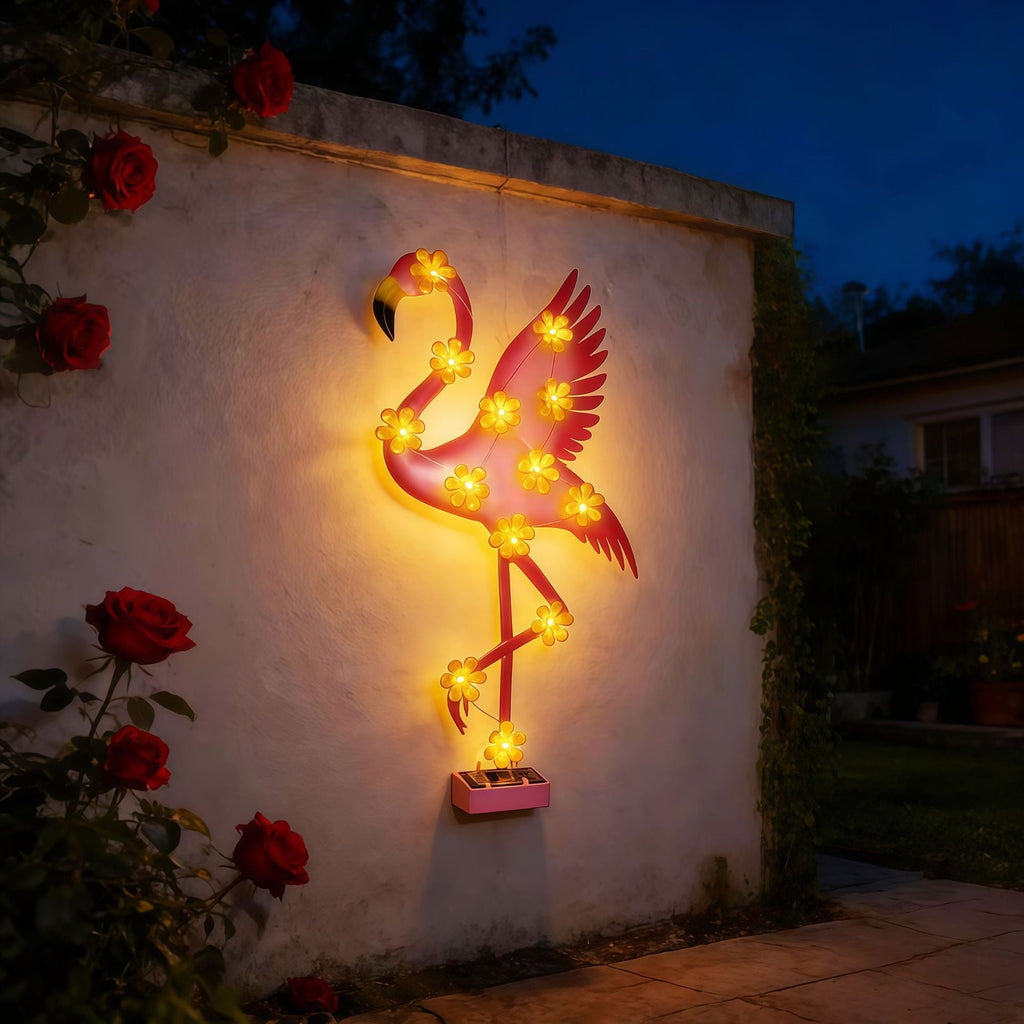 Solar-Powered Flamingo LED Garden Stake Light with Flower Accent Lamps | High & Bury