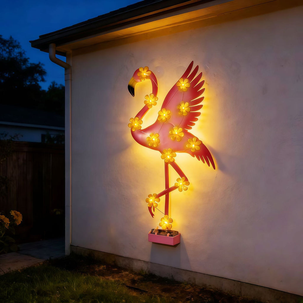 Solar-Powered Flamingo LED Garden Stake Light with Flower Accent Lamps | High & Bury