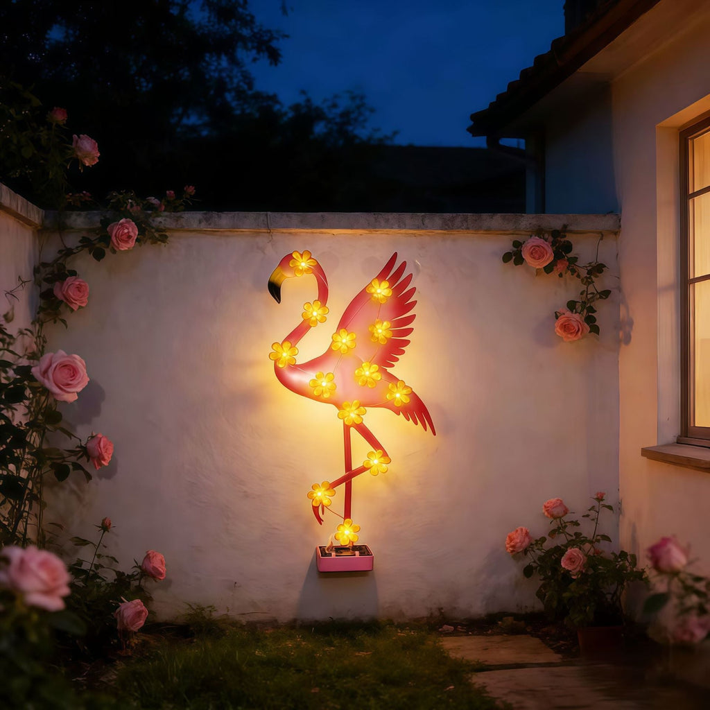 Solar-Powered Flamingo LED Garden Stake Light with Flower Accent Lamps | High & Bury