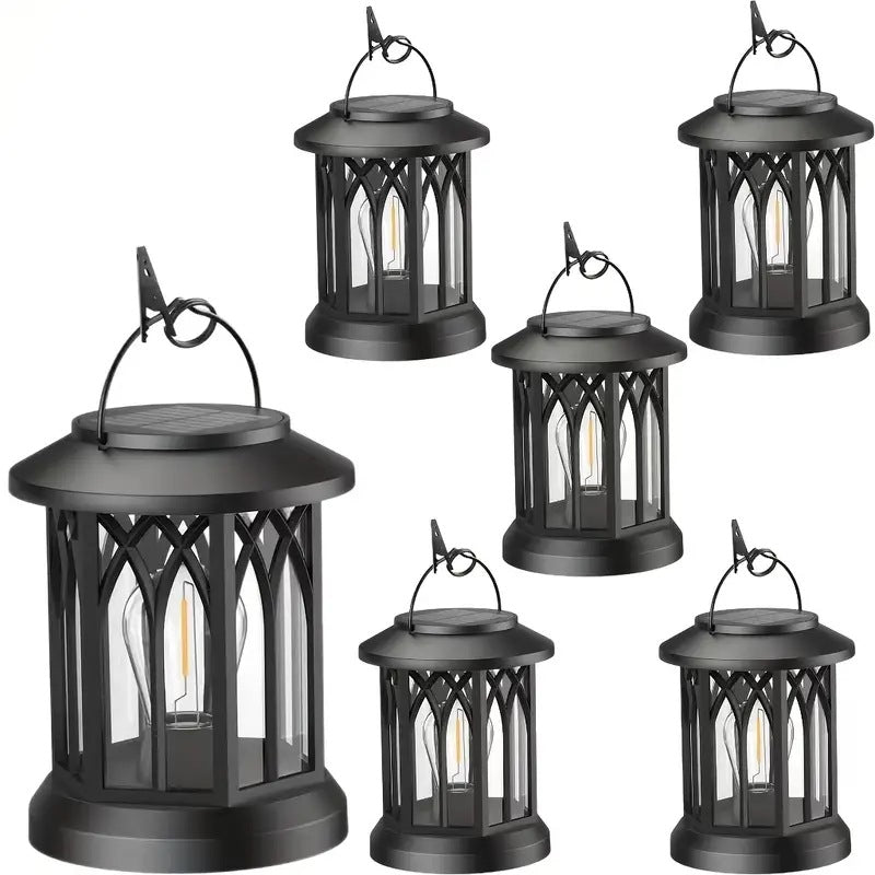 Solar-Powered Hanging LED Lantern Set with Flickering Flameless Candle and Metal Clip Hook | High & Bury