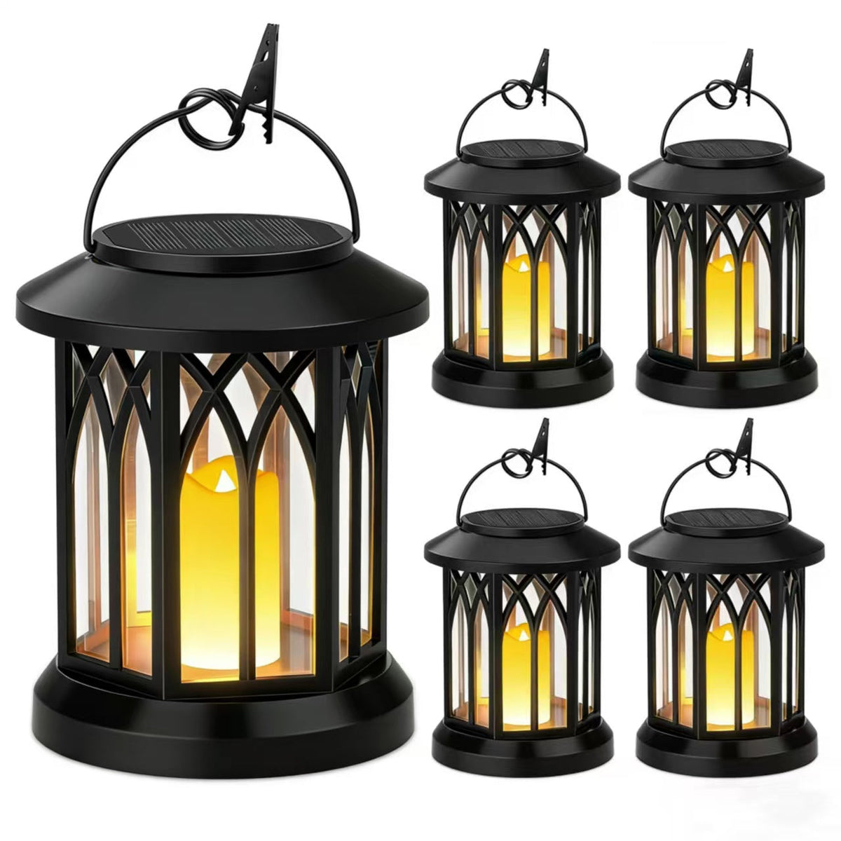 Solar-Powered Hanging LED Lantern Set with Flickering Flameless Candle and Metal Clip Hook | High & Bury
