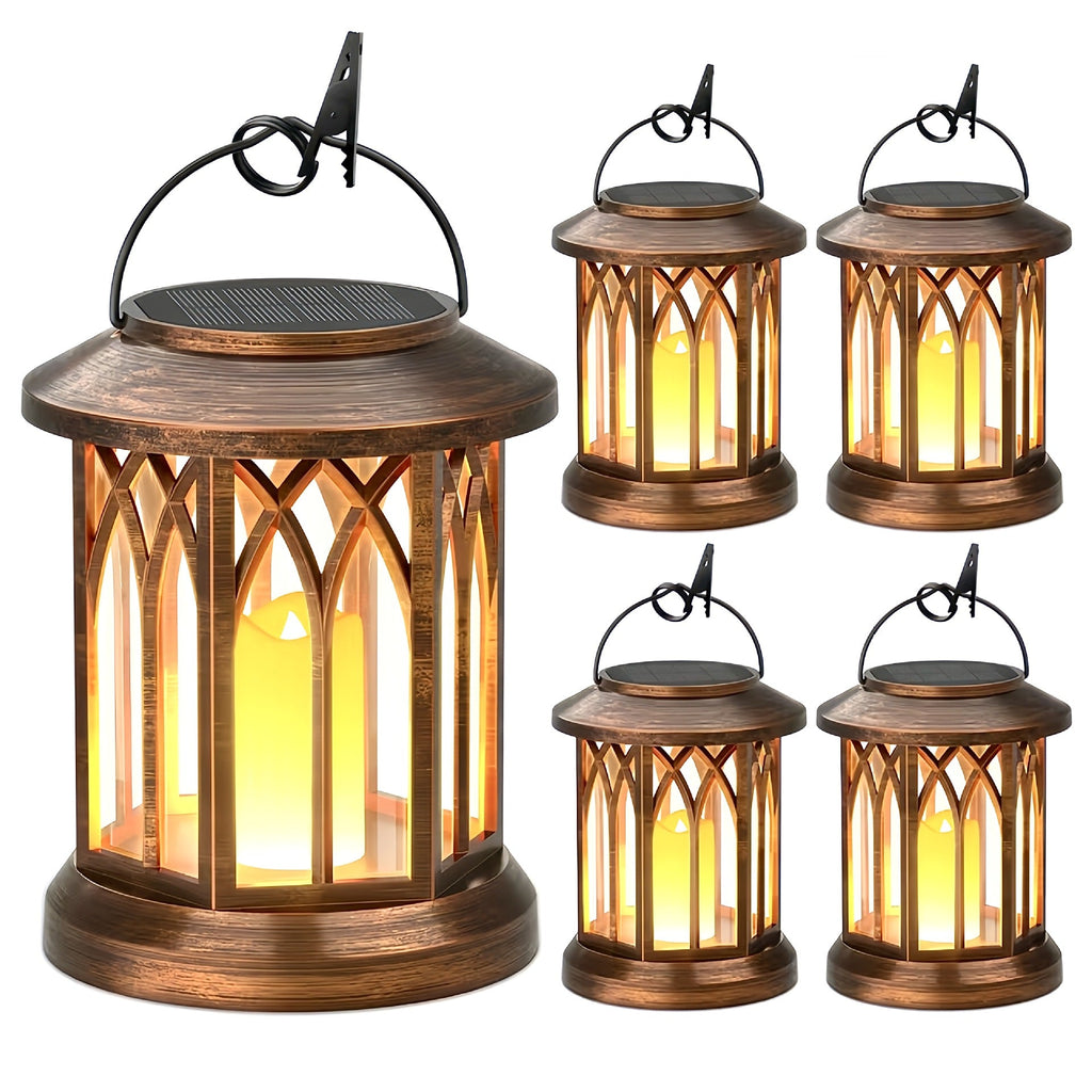 Solar-Powered Hanging LED Lantern Set with Flickering Flameless Candle and Metal Clip Hook | High & Bury