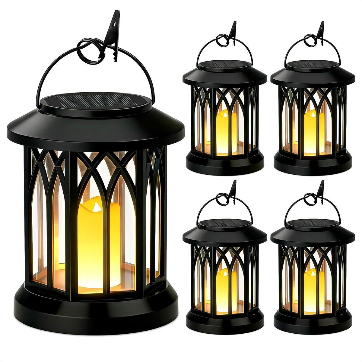 Solar-Powered Hanging LED Lantern Set with Flickering Flameless Candle and Metal Clip Hook | High & Bury