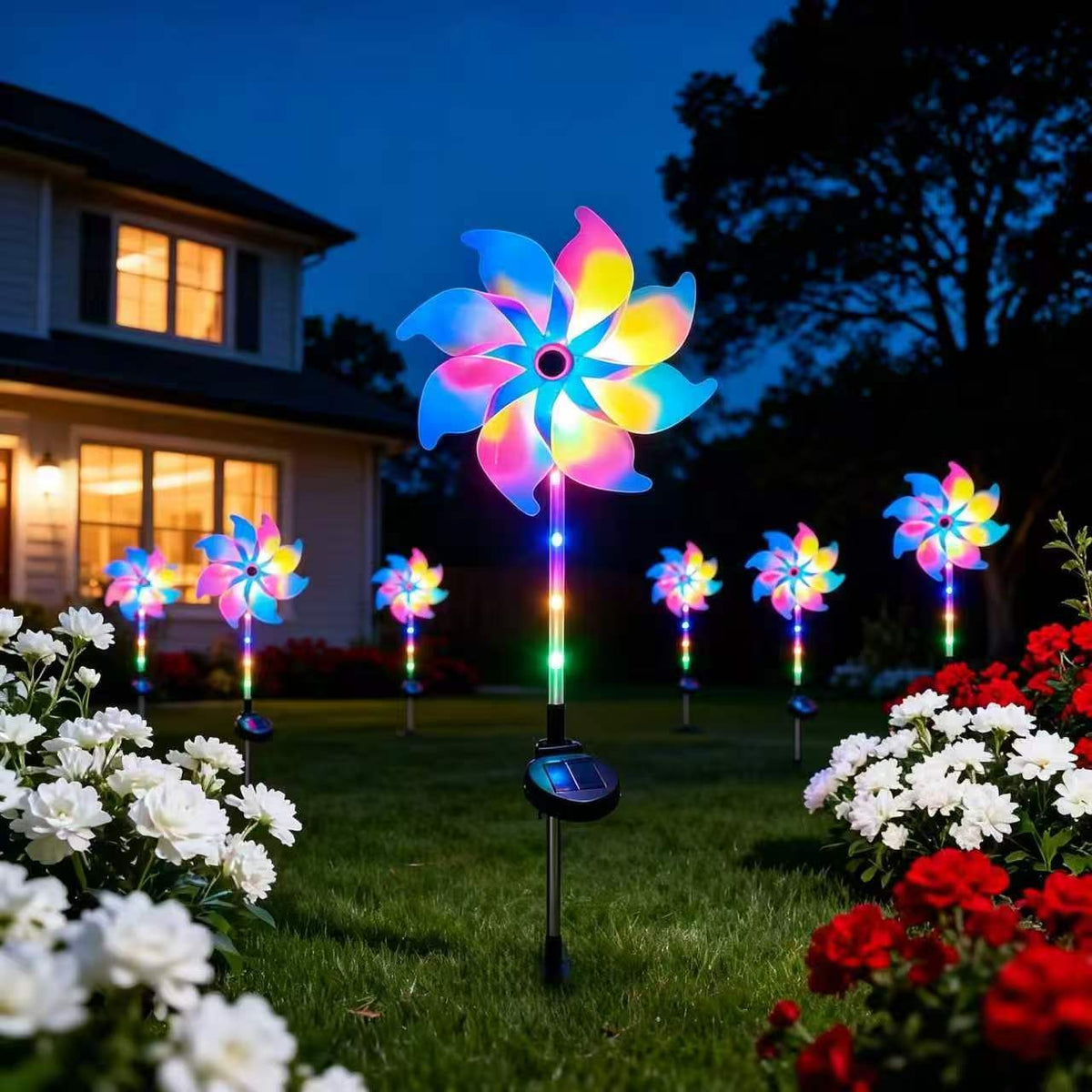 Solar-Powered LED Iridescent Flower Windmill Garden Stake | High & Bury