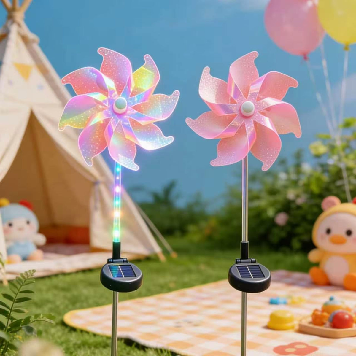 Solar-Powered LED Iridescent Flower Windmill Garden Stake | High & Bury