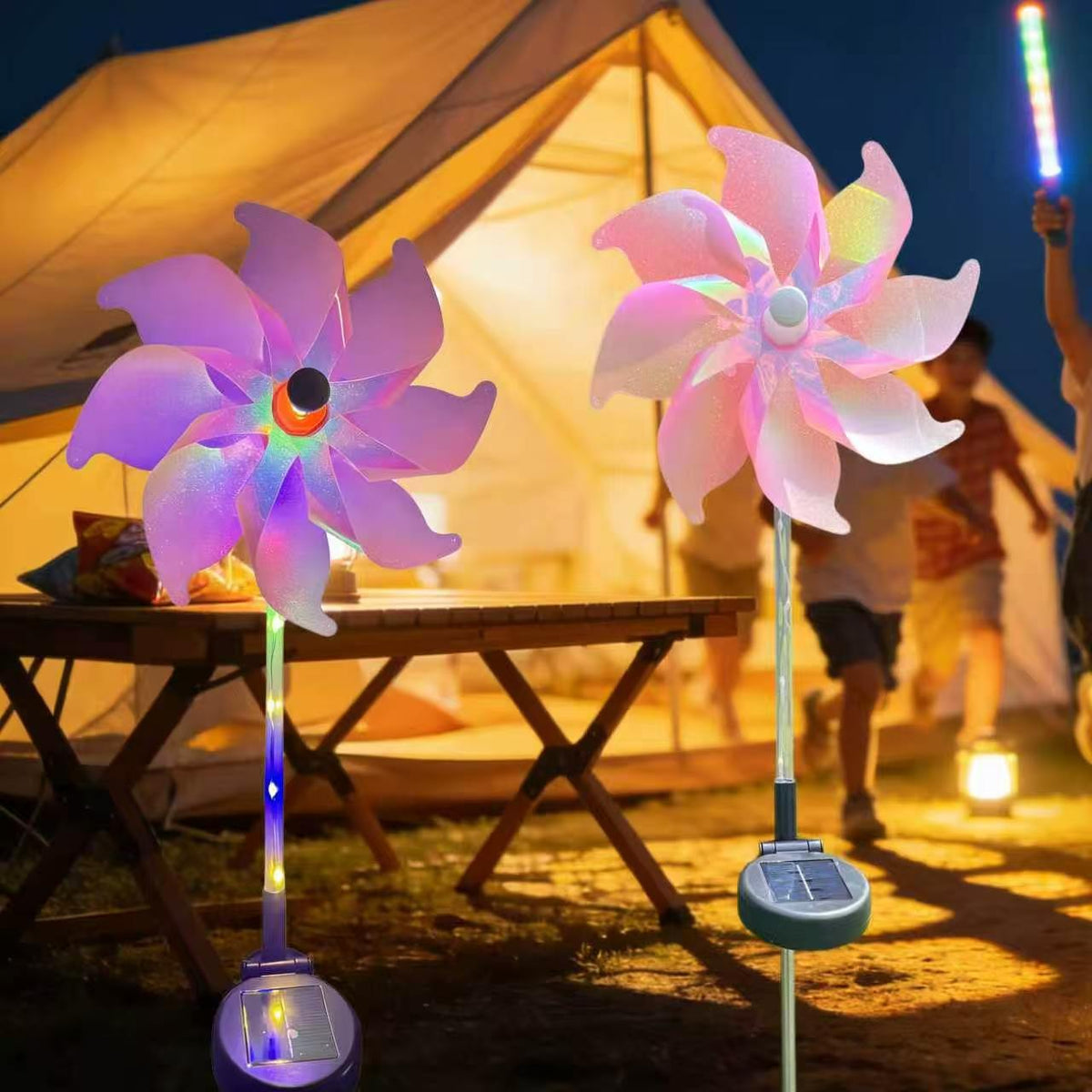 Solar-Powered LED Iridescent Flower Windmill Garden Stake | High & Bury