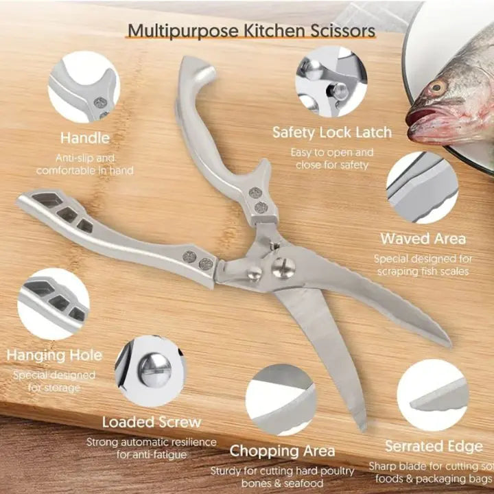 Stainless Steel Kitchen Scissors with Fish Scale Remover and Safety Lock, view 6