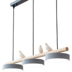 Triple Light Scandinavian Wood Beam Pendant Lamp with Ceramic Bird Accents | High & Bury