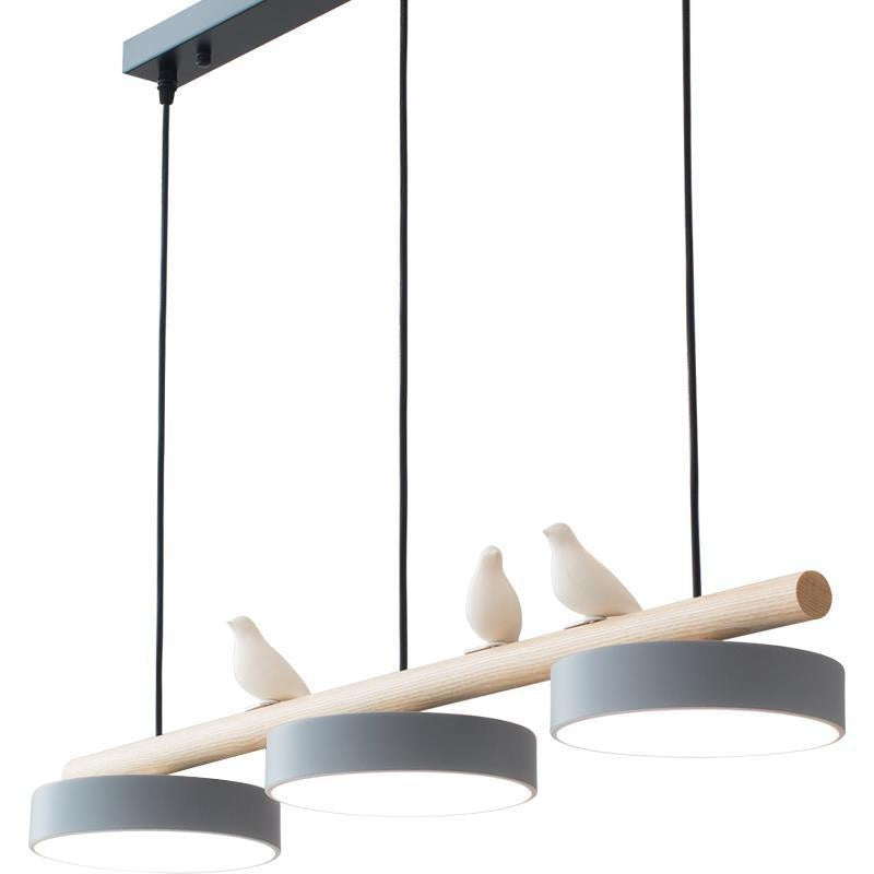 Triple Light Scandinavian Wood Beam Pendant Lamp with Ceramic Bird Accents | High & Bury
